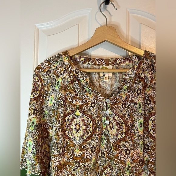 Anthropologie X Fig & Flower | Boho V-Neck Floral Button Blouse Small 3/4 Sleeve - Picture 3 of 8